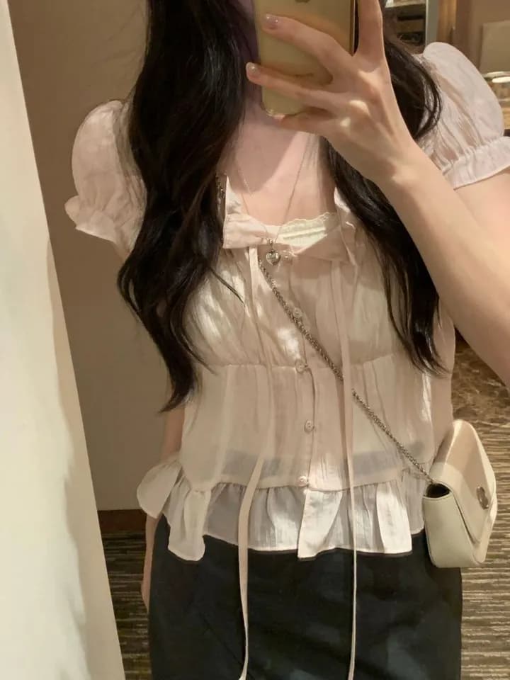있음 선적 한국 chic 달콤함 연령 감소 프릴 주름 장식 허리 수축 반팔 쉬폰 셔츠 상세 이미지 16