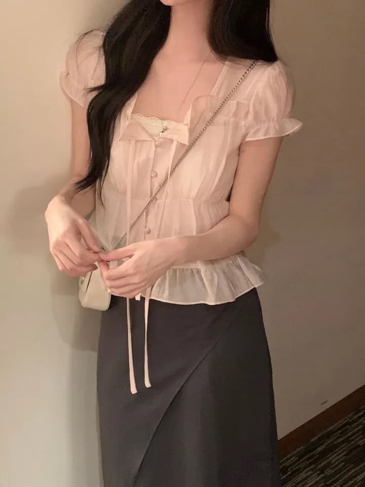 있음 선적 한국 chic 달콤함 연령 감소 프릴 주름 장식 허리 수축 반팔 쉬폰 셔츠 상세 이미지 28