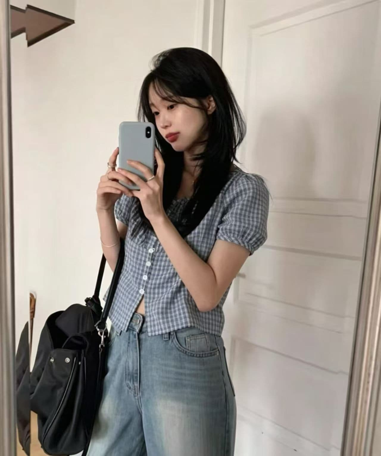 있음 선적 한국 chic 미니멀리즘 라운드 넥 싱글 줄 버튼 체크무늬 셔츠 상세 이미지 5