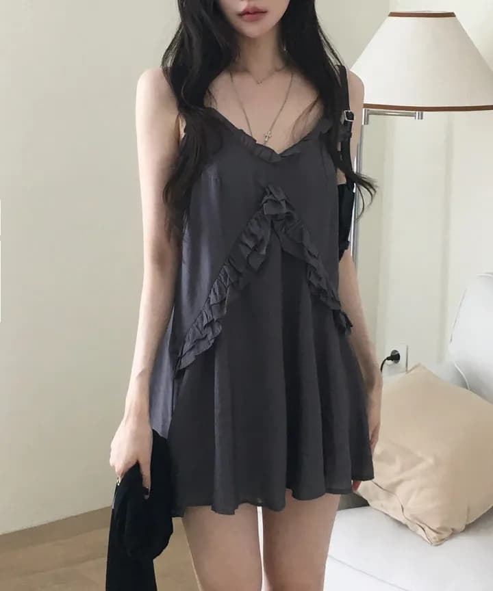 있음 선적 한국 ins 품격 패치워크 프릴 슬립 드레스 이미지 3