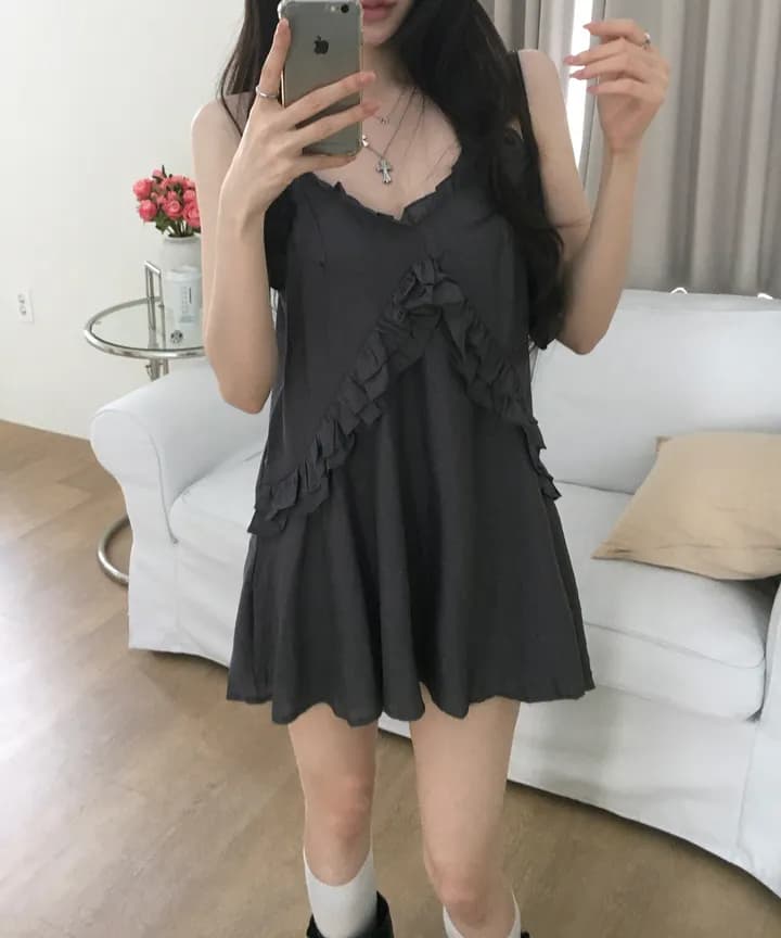 있음 선적 한국 ins 품격 패치워크 프릴 슬립 드레스 이미지 4