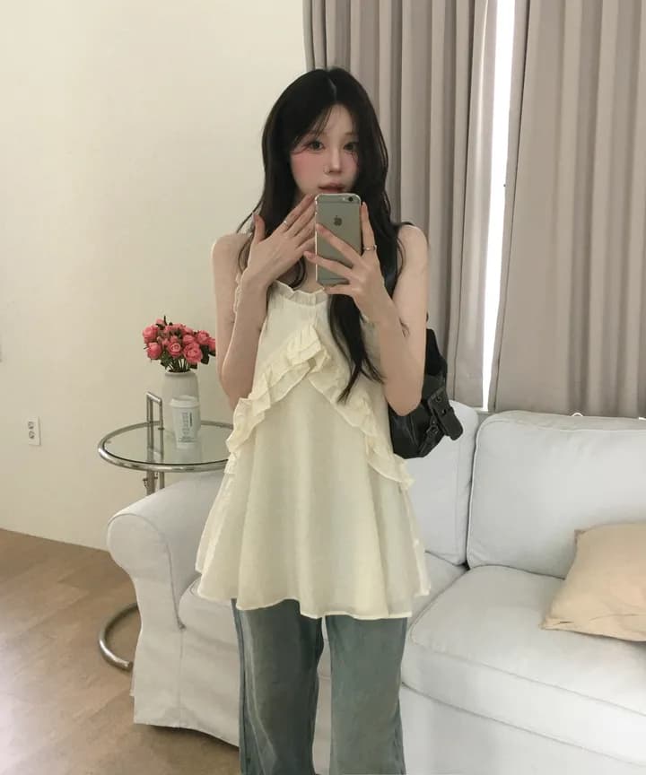 있음 선적 한국 ins 품격 패치워크 프릴 슬립 드레스 상세 이미지 1