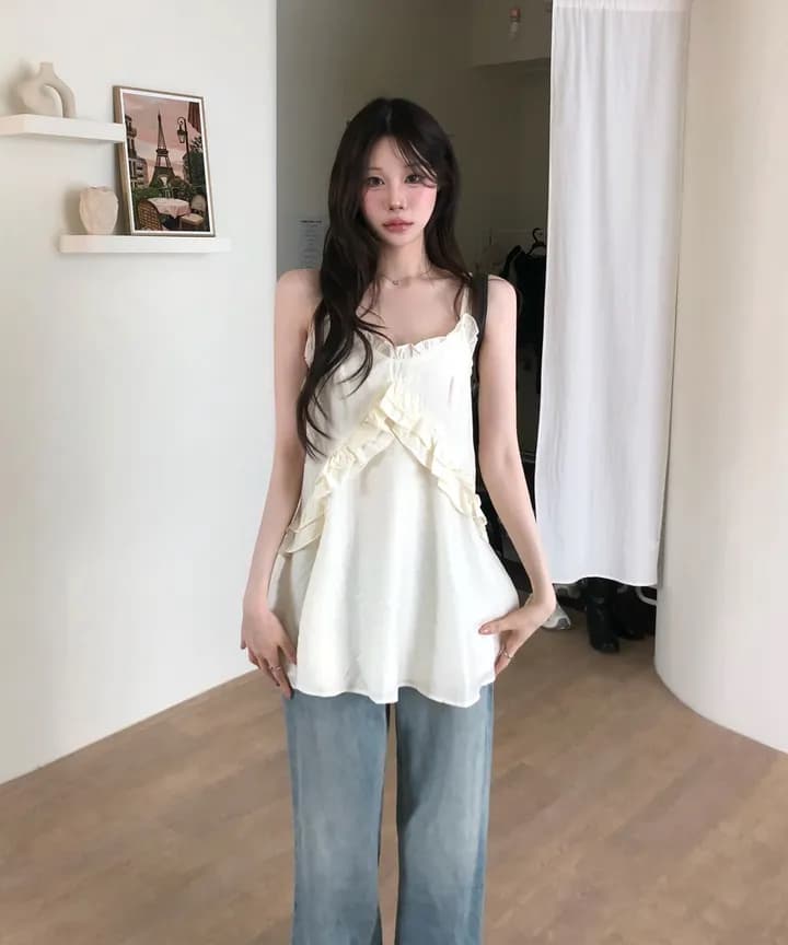 있음 선적 한국 ins 품격 패치워크 프릴 슬립 드레스 상세 이미지 2