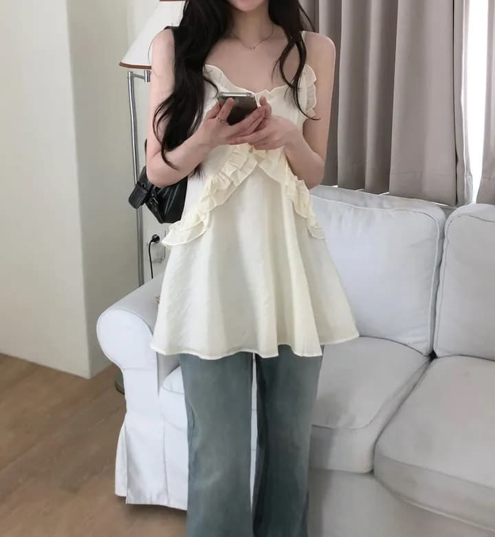있음 선적 한국 ins 품격 패치워크 프릴 슬립 드레스 상세 이미지 4