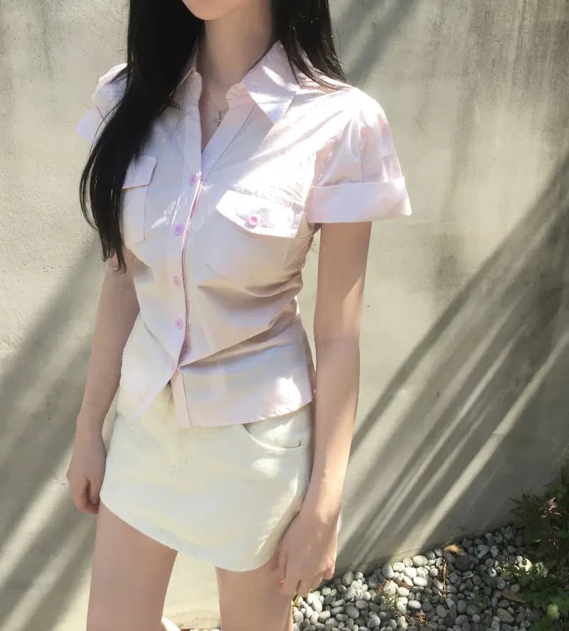 있음 선적 한국 chic 품격 연령 감소 폴로 칼라 몸매 가꾸기 부서 버클 단색 반팔 셔츠 이미지 4