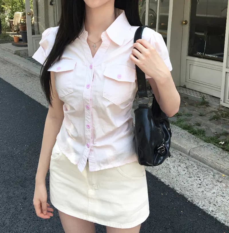 있음 선적 한국 chic 품격 연령 감소 폴로 칼라 몸매 가꾸기 부서 버클 단색 반팔 셔츠 상세 이미지 7