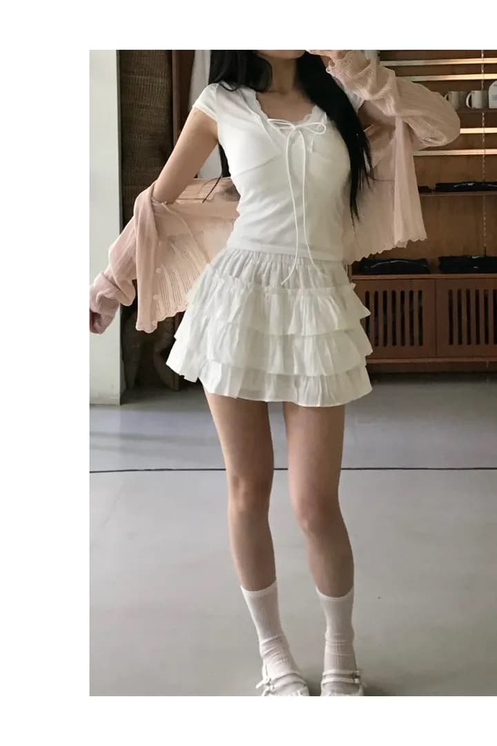 있음 선적 한국 ins 달콤한 차가운 바람 레이스 측면 V넥 레이스업 디자인 센스 반팔 몸매 가꾸기 티셔츠 상세 이미지 29