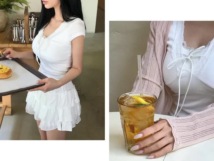 있음 선적 한국 ins 달콤한 차가운 바람 레이스 측면 V넥 레이스업 디자인 센스 반팔 몸매 가꾸기 티셔츠 상세 이미지 32