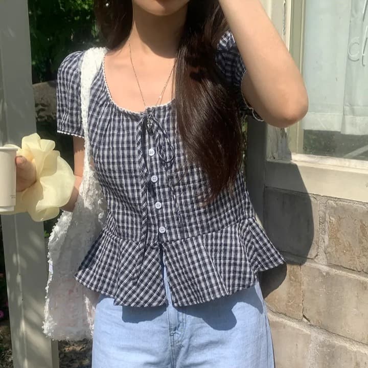 있음 선적 한국 chic 달콤함 체크무늬 레이스업 반팔 광장 칼라 셔츠 이미지 3