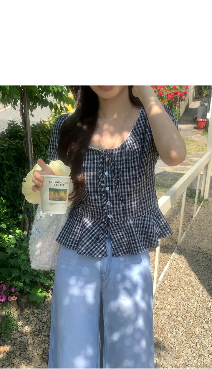 있음 선적 한국 chic 달콤함 체크무늬 레이스업 반팔 광장 칼라 셔츠 상세 이미지 6