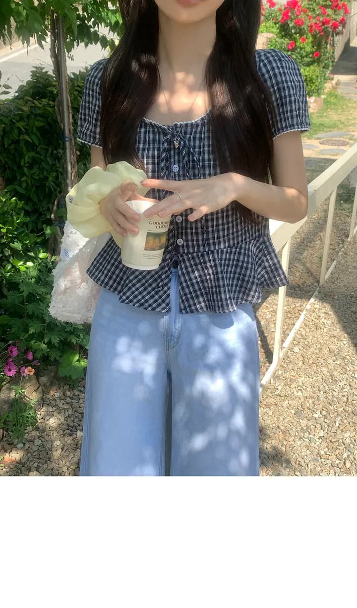 있음 선적 한국 chic 달콤함 체크무늬 레이스업 반팔 광장 칼라 셔츠 상세 이미지 7
