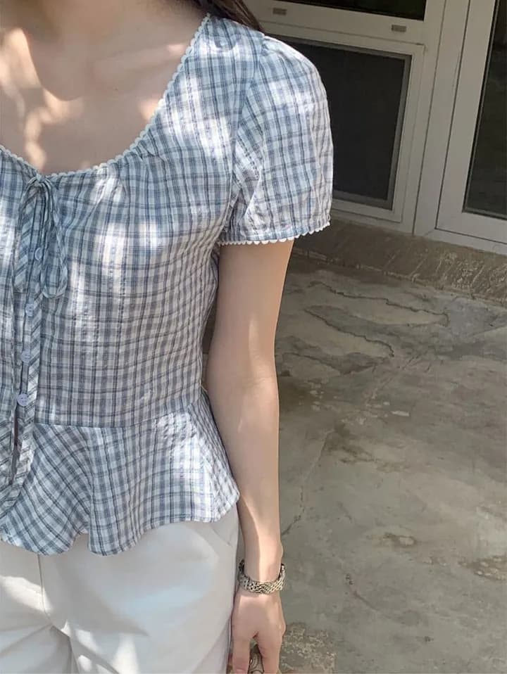 있음 선적 한국 chic 달콤함 체크무늬 레이스업 반팔 광장 칼라 셔츠 상세 이미지 31