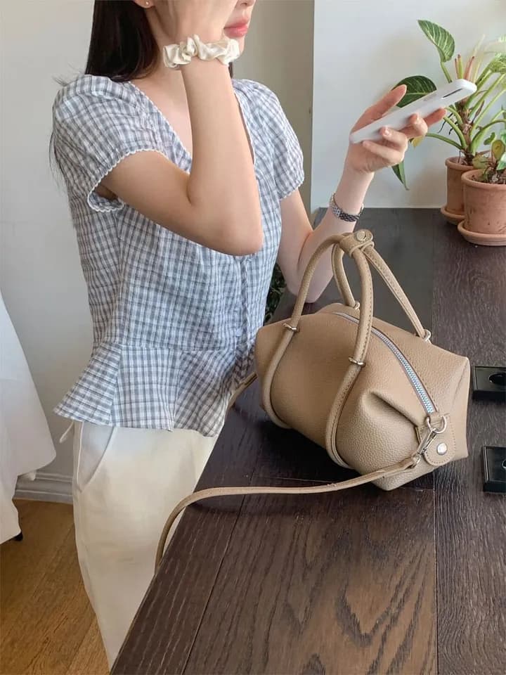 있음 선적 한국 chic 달콤함 체크무늬 레이스업 반팔 광장 칼라 셔츠 상세 이미지 40