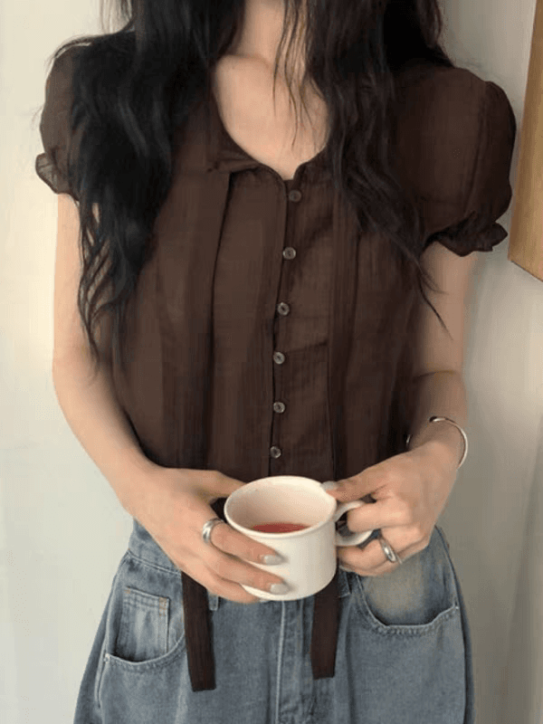 있음 선적 한국 chic 디자인 센스 품격 패션 싱글 줄 버튼 리본 반팔 셔츠