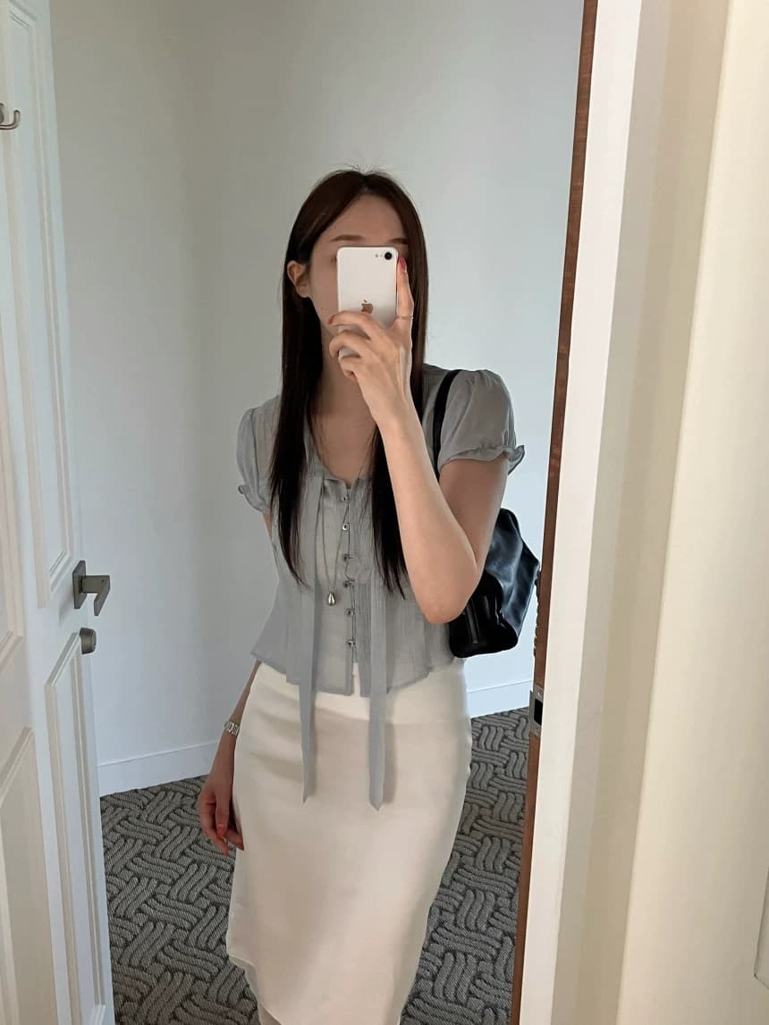 있음 선적 한국 chic 디자인 센스 품격 패션 싱글 줄 버튼 리본 반팔 셔츠 상세 이미지 1