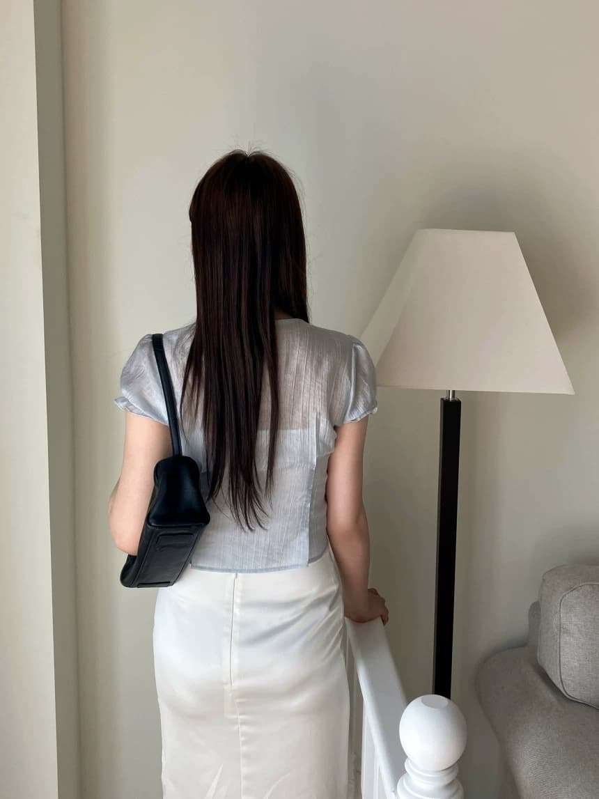 있음 선적 한국 chic 디자인 센스 품격 패션 싱글 줄 버튼 리본 반팔 셔츠 상세 이미지 3