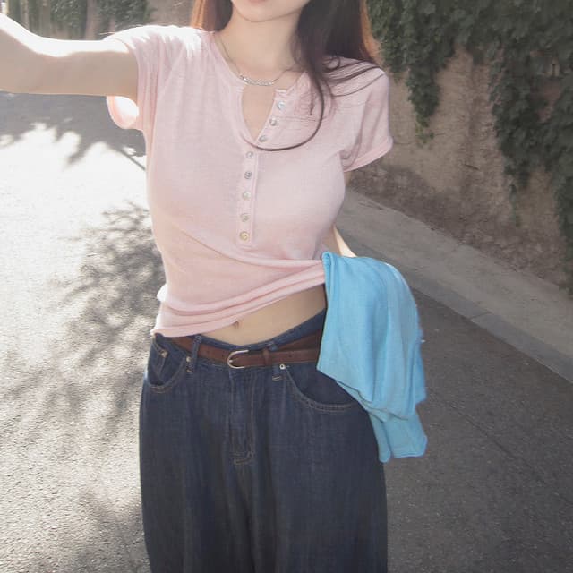 있음 선적 한국 chic 출퇴근 다용도 볼륨 측면 V넥 반팔 티셔츠 상세 이미지 1