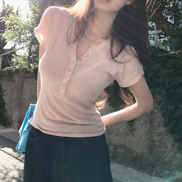 있음 선적 한국 chic 출퇴근 다용도 볼륨 측면 V넥 반팔 티셔츠 상세 이미지 3