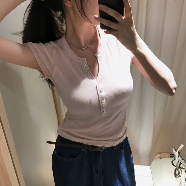 있음 선적 한국 chic 출퇴근 다용도 볼륨 측면 V넥 반팔 티셔츠 상세 이미지 8