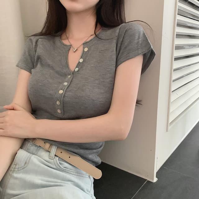 있음 선적 한국 chic 출퇴근 다용도 볼륨 측면 V넥 반팔 티셔츠 상세 이미지 32