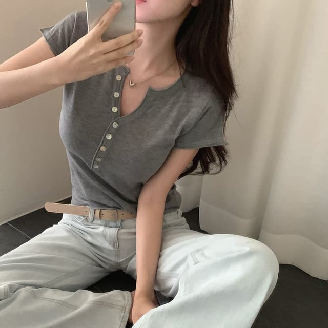 있음 선적 한국 chic 출퇴근 다용도 볼륨 측면 V넥 반팔 티셔츠 상세 이미지 34