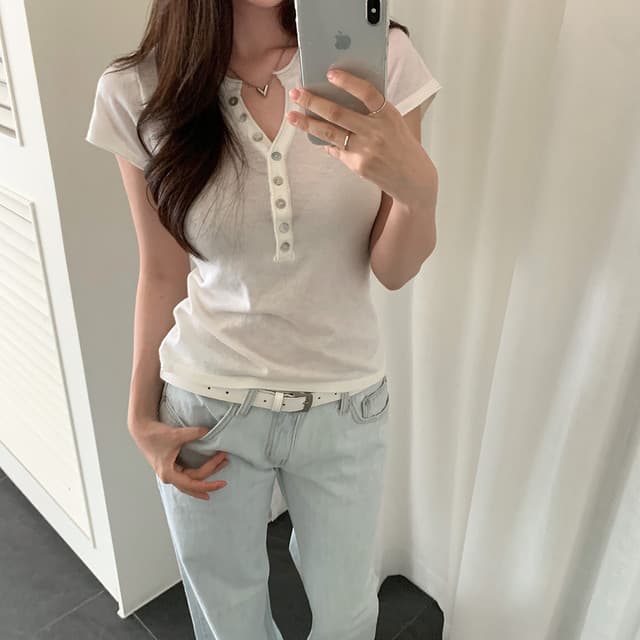 있음 선적 한국 chic 출퇴근 다용도 볼륨 측면 V넥 반팔 티셔츠 상세 이미지 40