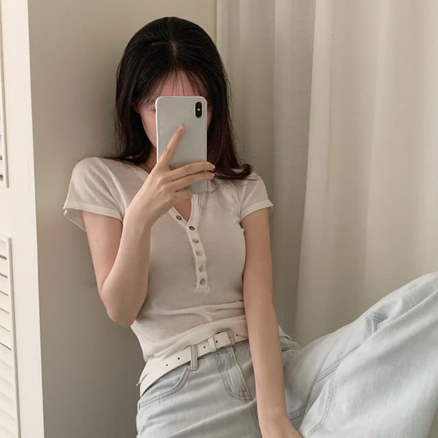 있음 선적 한국 chic 출퇴근 다용도 볼륨 측면 V넥 반팔 티셔츠 상세 이미지 44
