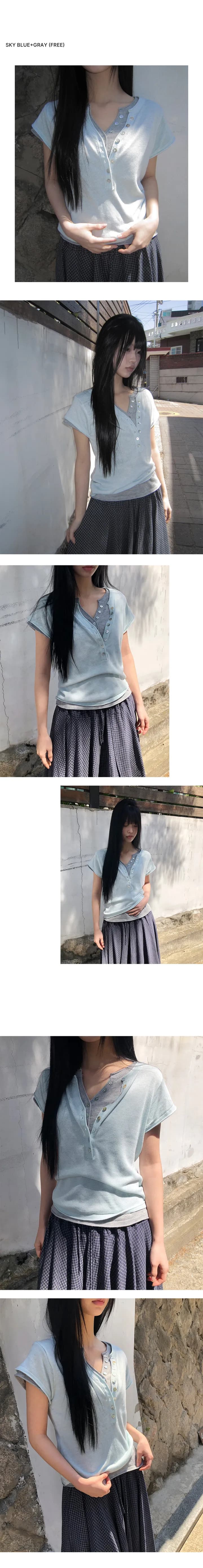 있음 선적 한국 chic 출퇴근 다용도 볼륨 측면 V넥 반팔 티셔츠 상세 이미지 47