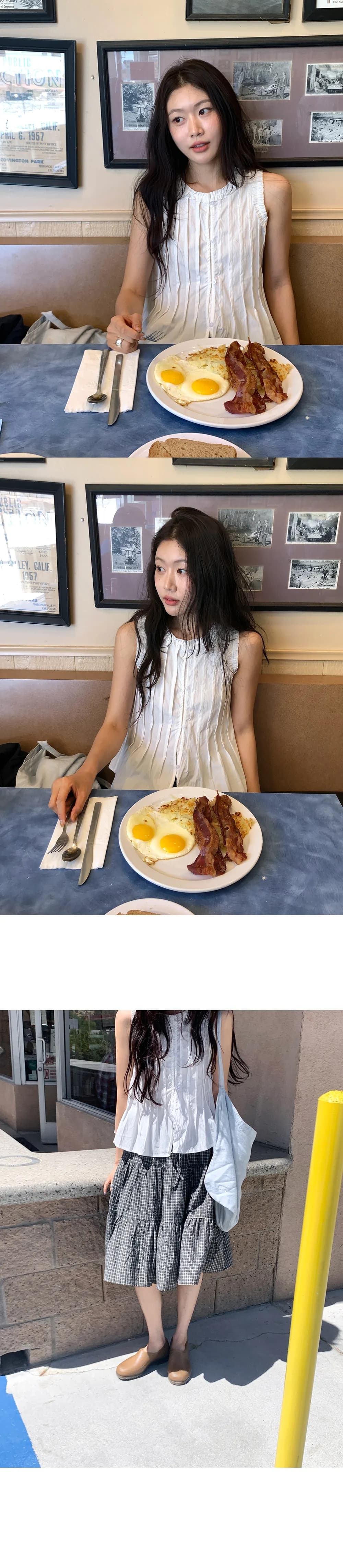 있음 선적 한국 ins 연령 감소 플리츠 레이스 싱글 줄 버튼 민소매 셔츠 상세 이미지 23