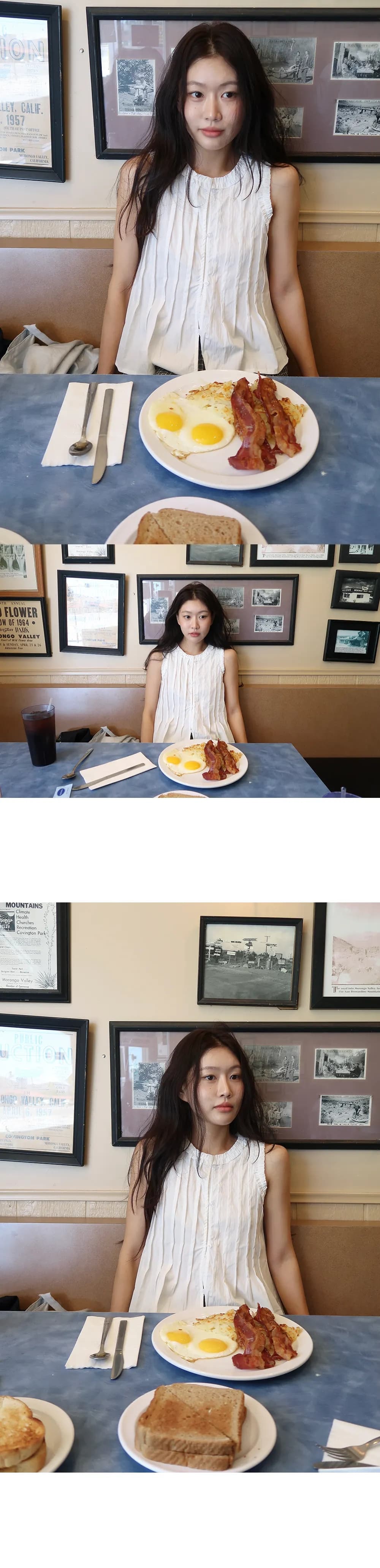 있음 선적 한국 ins 연령 감소 플리츠 레이스 싱글 줄 버튼 민소매 셔츠 상세 이미지 29