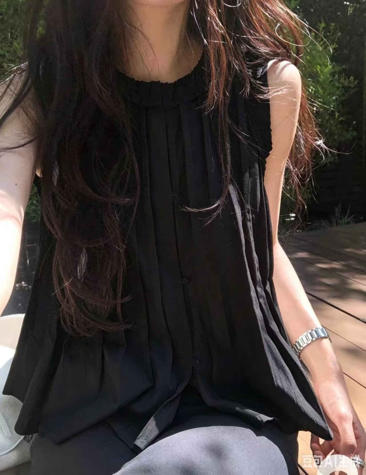 있음 선적 한국 ins 연령 감소 플리츠 레이스 싱글 줄 버튼 민소매 셔츠 상세 이미지 37