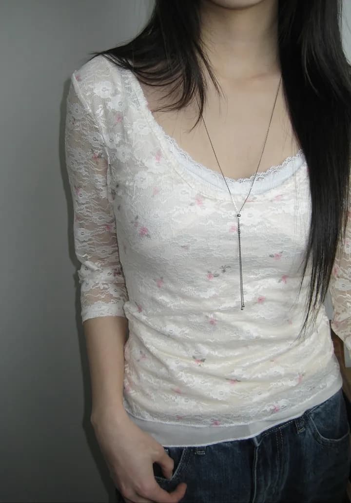 있음 선적 한 부서 순수한 욕망 바람 레이스 꽃무늬 이중층 u 칼라 몸매 가꾸기 중간 소매 t 상세 이미지 9