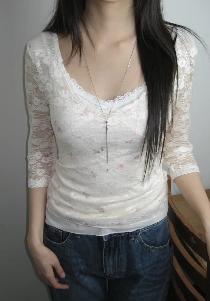 있음 선적 한 부서 순수한 욕망 바람 레이스 꽃무늬 이중층 u 칼라 몸매 가꾸기 중간 소매 t 상세 이미지 11