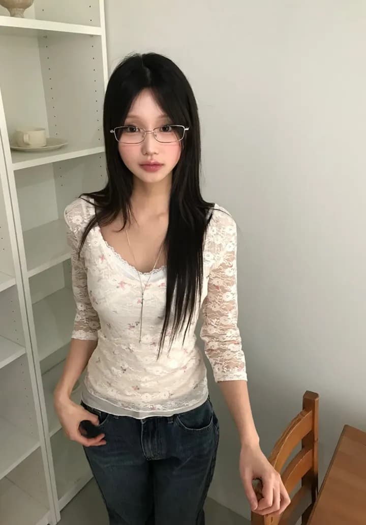 있음 선적 한 부서 순수한 욕망 바람 레이스 꽃무늬 이중층 u 칼라 몸매 가꾸기 중간 소매 t 상세 이미지 12