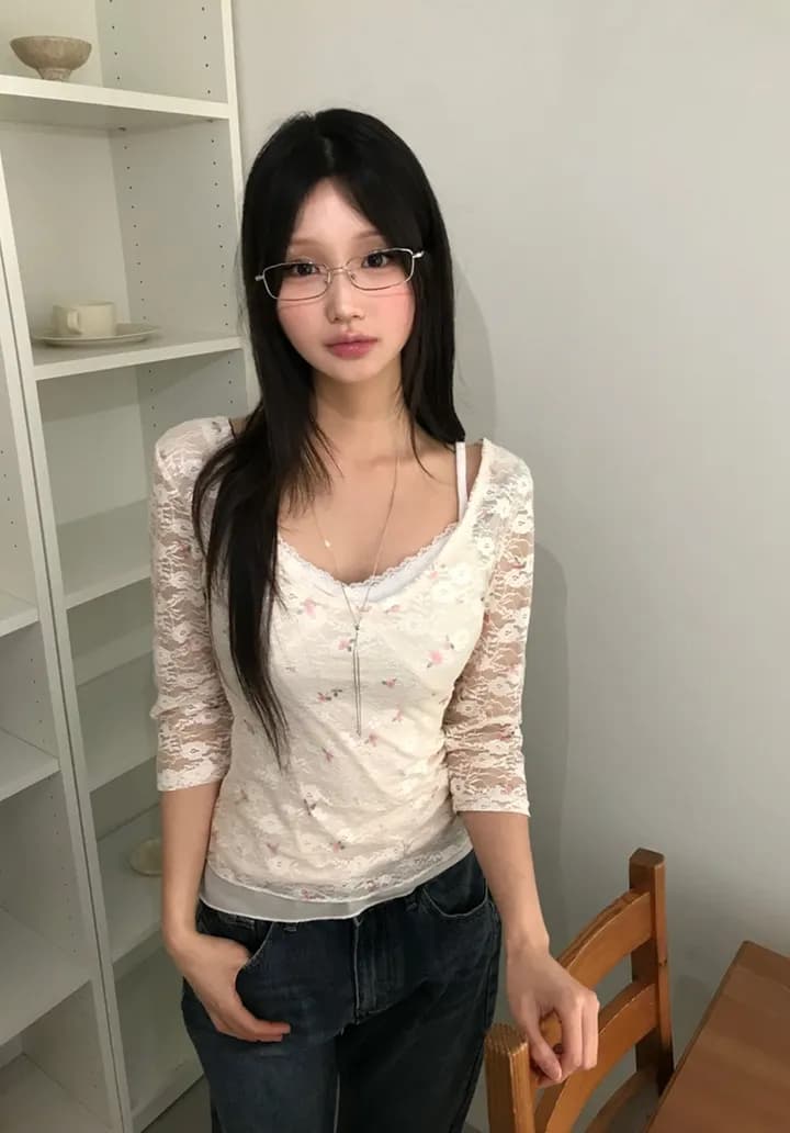있음 선적 한 부서 순수한 욕망 바람 레이스 꽃무늬 이중층 u 칼라 몸매 가꾸기 중간 소매 t 상세 이미지 13