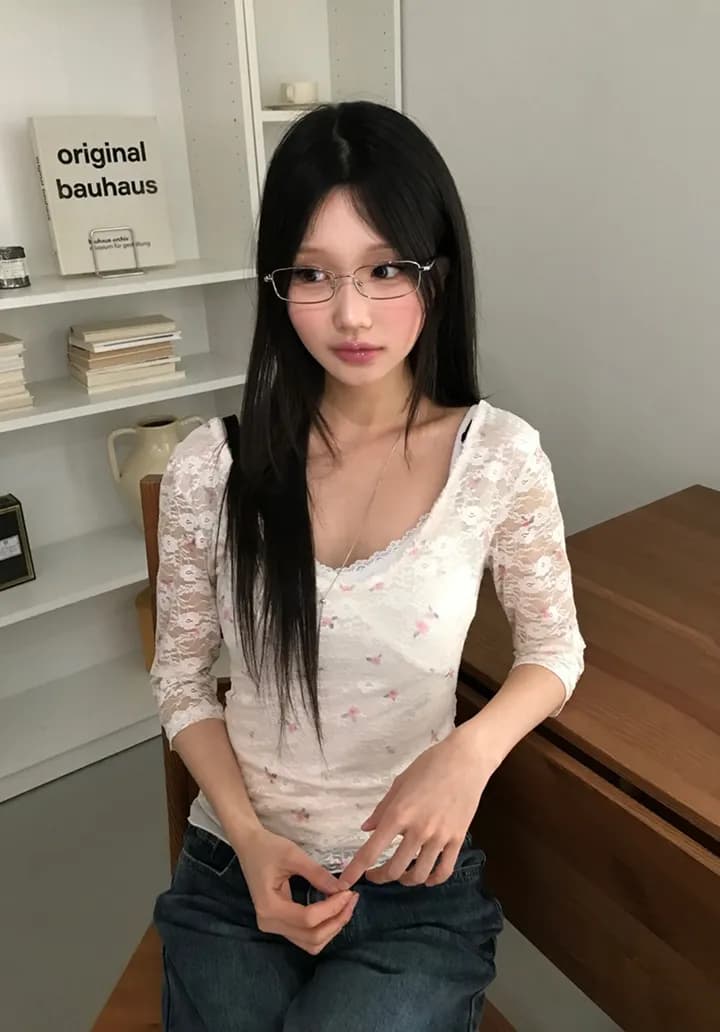 있음 선적 한 부서 순수한 욕망 바람 레이스 꽃무늬 이중층 u 칼라 몸매 가꾸기 중간 소매 t 상세 이미지 15
