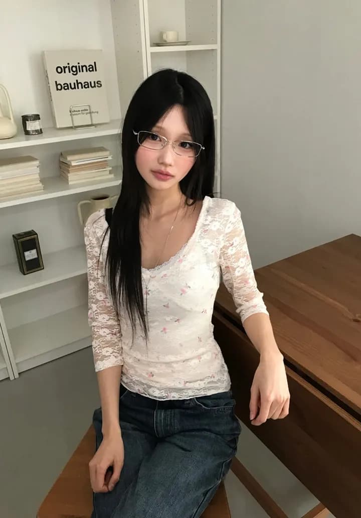 있음 선적 한 부서 순수한 욕망 바람 레이스 꽃무늬 이중층 u 칼라 몸매 가꾸기 중간 소매 t 상세 이미지 16