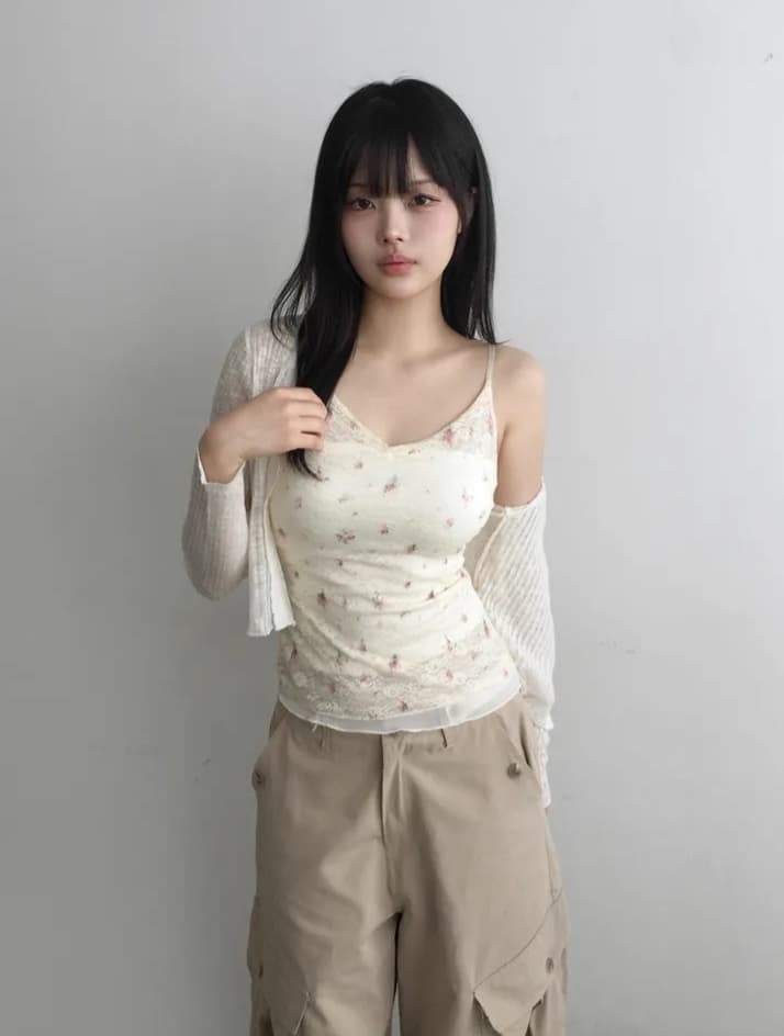 있음 선적 한국 chic 달콤함 소녀 레이스 꽃무늬 이중층 망사 슬립 이미지 3