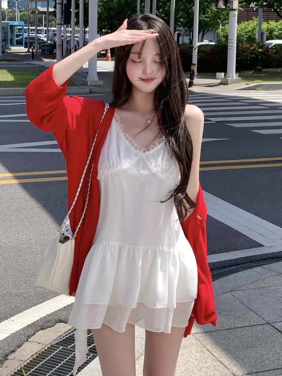 있음 선적 한 부서 품격 레이스 V넥 허리 수축 슬립 쇼트 스타일 드레스 이미지 2