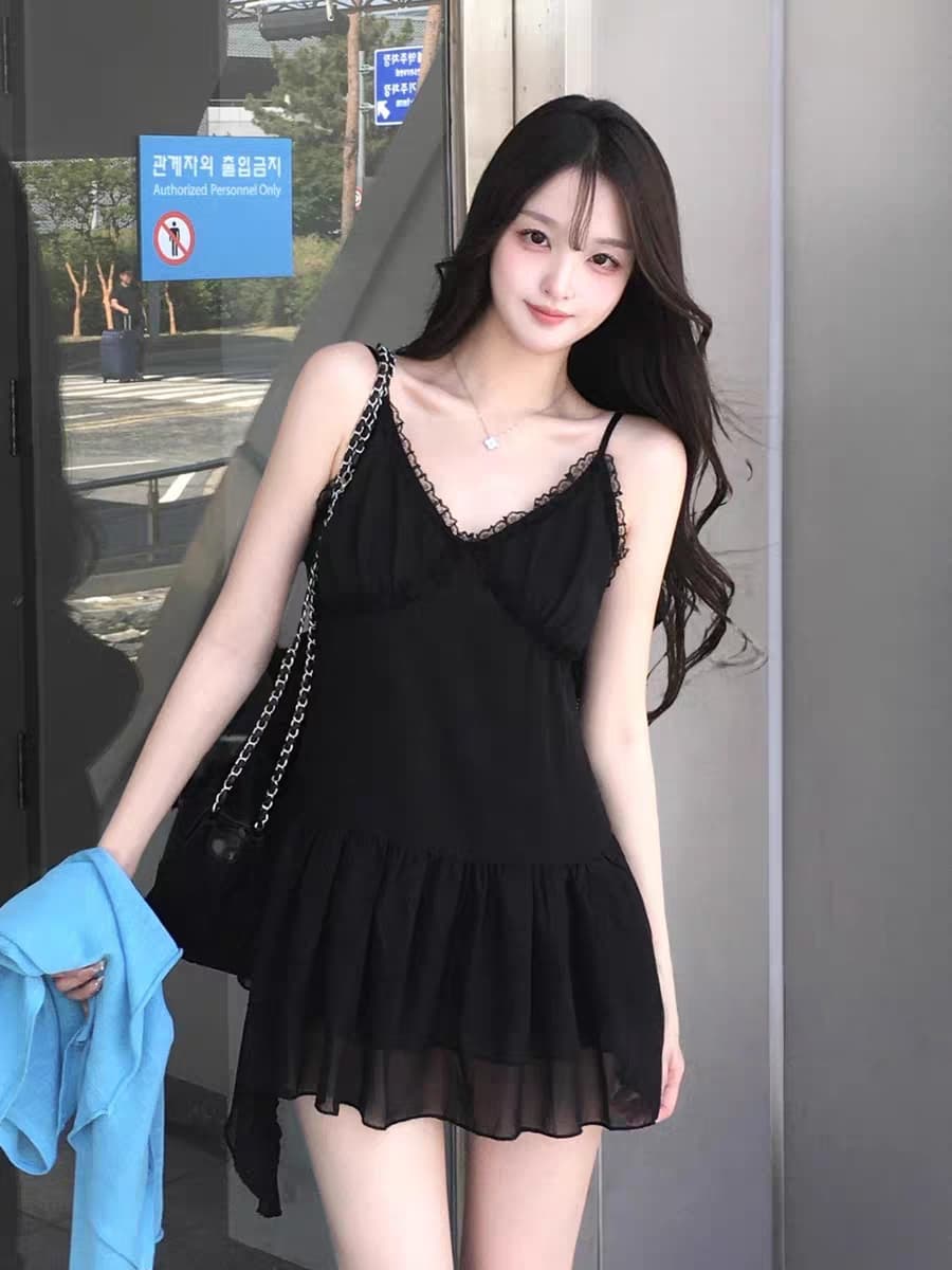 있음 선적 한 부서 품격 레이스 V넥 허리 수축 슬립 쇼트 스타일 드레스 이미지 3