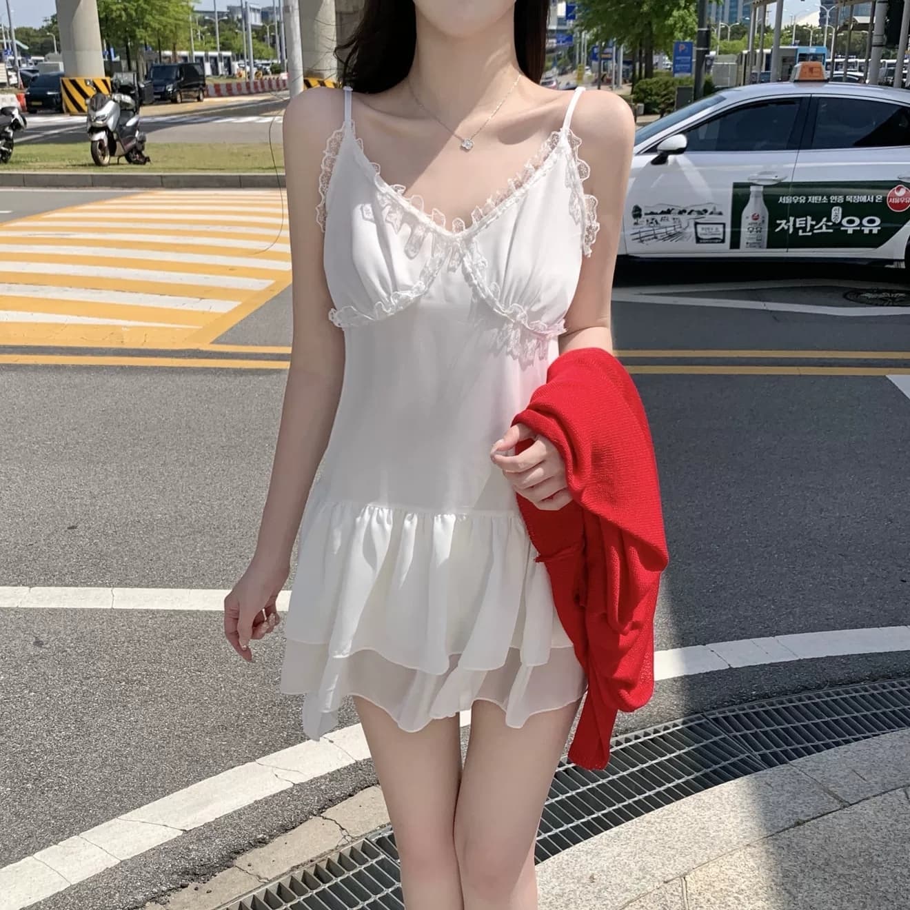 있음 선적 한 부서 품격 레이스 V넥 허리 수축 슬립 쇼트 스타일 드레스 상세 이미지 7