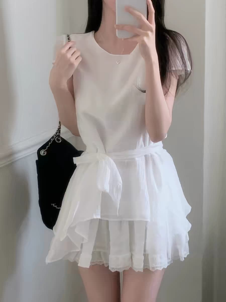 있음 선적 한국 chic 불규칙 반팔 라운드 넥 셔츠 이미지 2