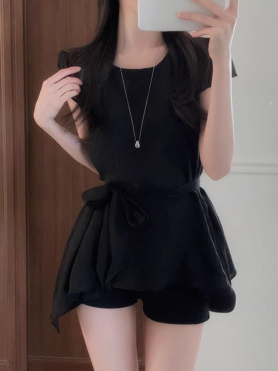 있음 선적 한국 chic 불규칙 반팔 라운드 넥 셔츠 이미지 3