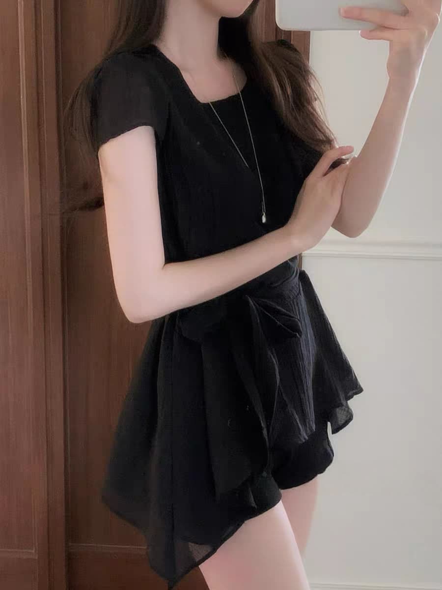 있음 선적 한국 chic 불규칙 반팔 라운드 넥 셔츠 이미지 4