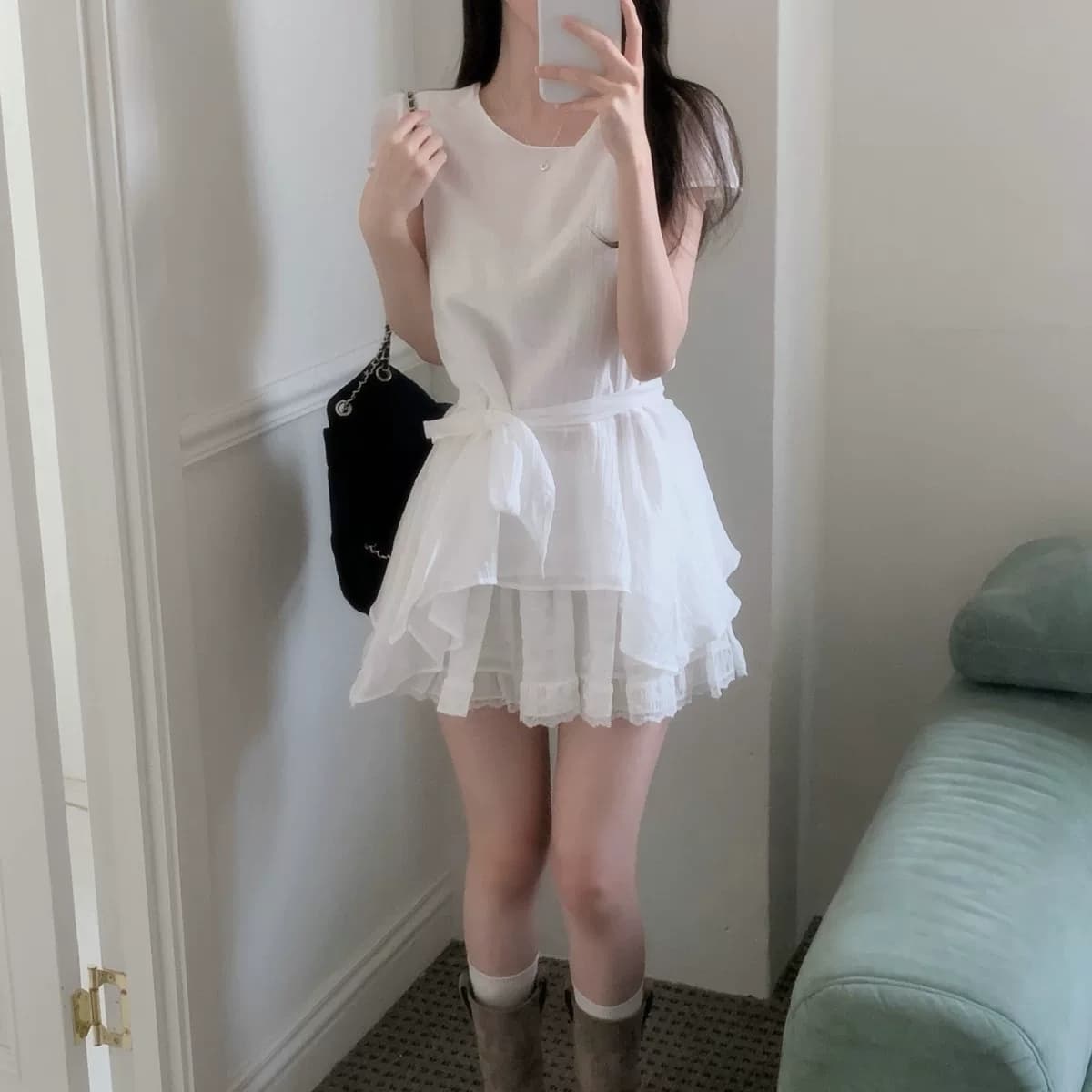있음 선적 한국 chic 불규칙 반팔 라운드 넥 셔츠 상세 이미지 1