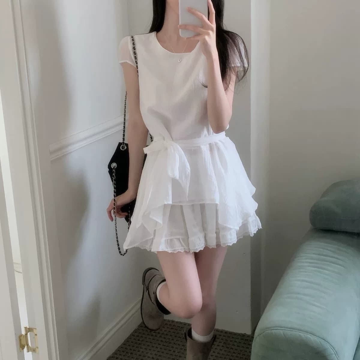 있음 선적 한국 chic 불규칙 반팔 라운드 넥 셔츠 상세 이미지 4
