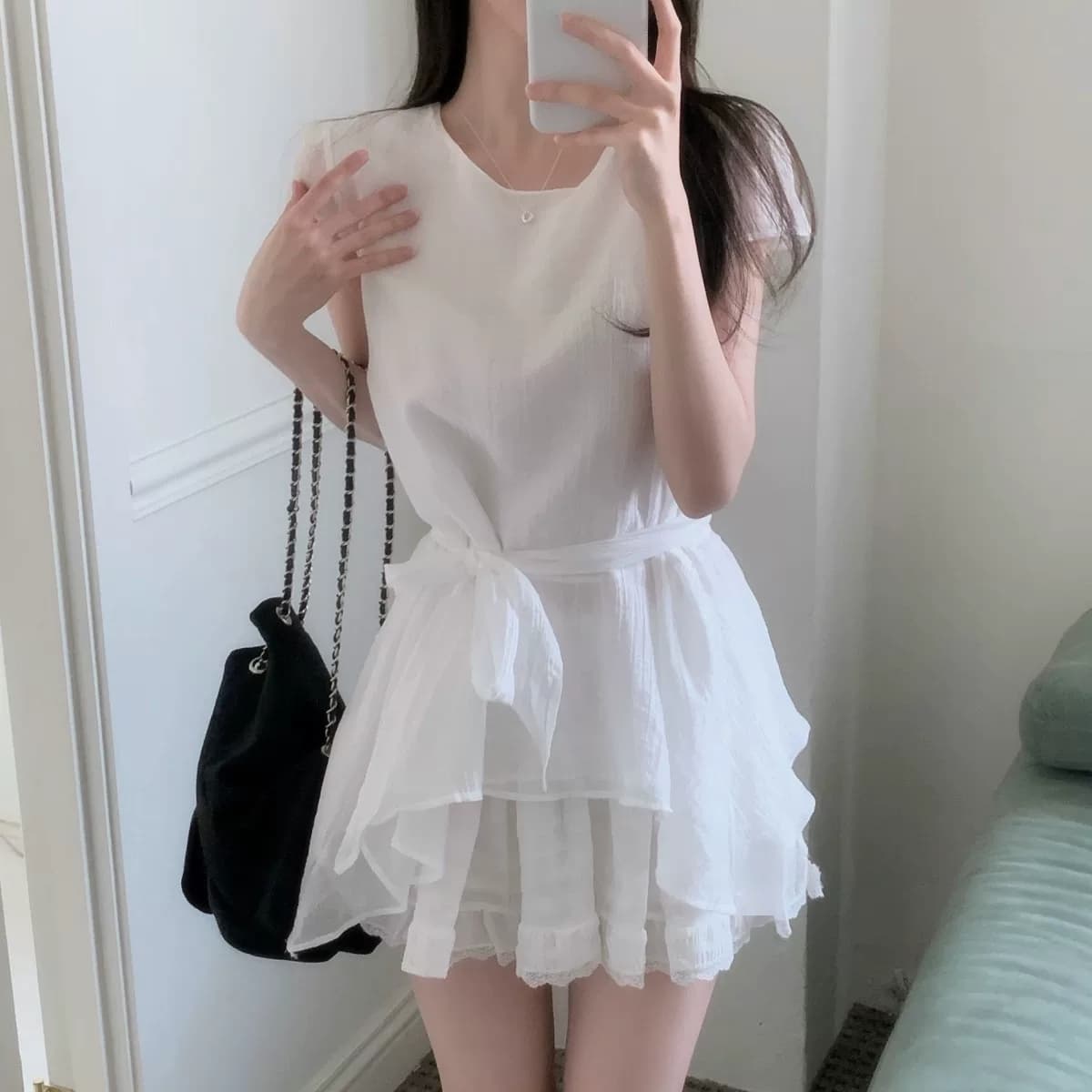 있음 선적 한국 chic 불규칙 반팔 라운드 넥 셔츠 상세 이미지 5