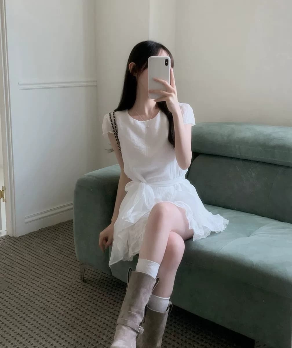 있음 선적 한국 chic 불규칙 반팔 라운드 넥 셔츠 상세 이미지 6