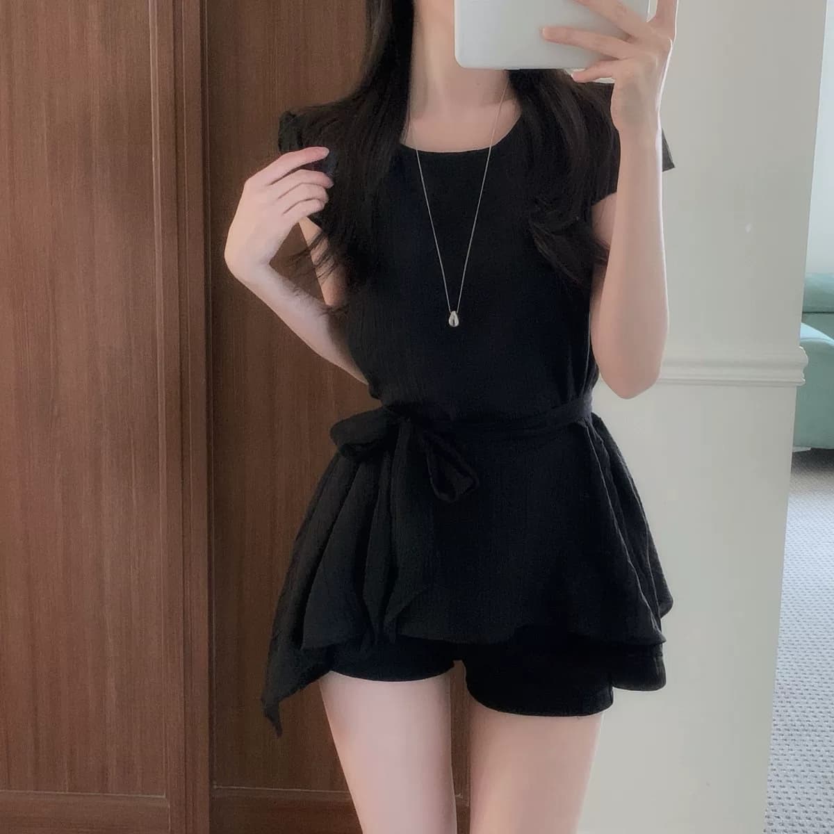 있음 선적 한국 chic 불규칙 반팔 라운드 넥 셔츠 상세 이미지 7