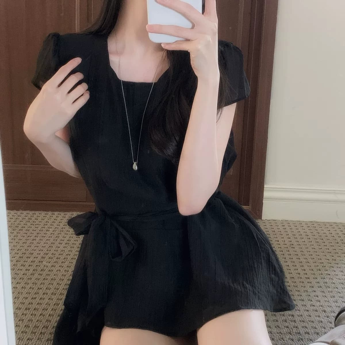 있음 선적 한국 chic 불규칙 반팔 라운드 넥 셔츠 상세 이미지 8